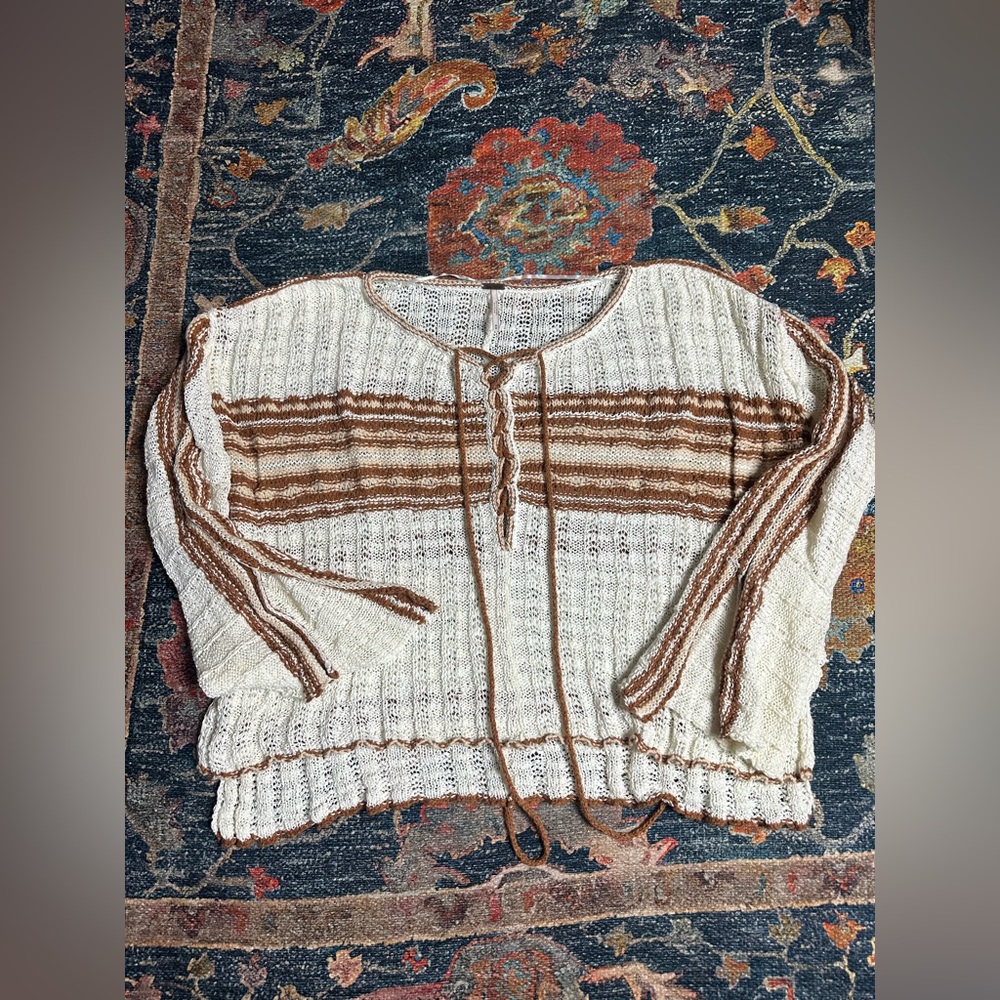 Free People Marina Bay crochet knit lace-up cream pullover sweater size medium